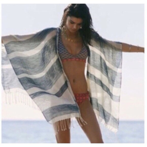 ECOTE Urban Outfitters Stripe Fringe Sheer Poncho One Size Kimono Beachy Boho - Picture 1 of 6